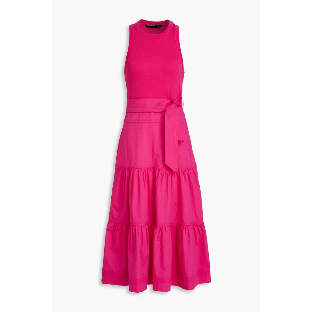 NWT Veronica Beard‎ Austyn Dress Fuchsia Pink Tiered Midi Poplin Small *No Belt* - Picture 2 of 10